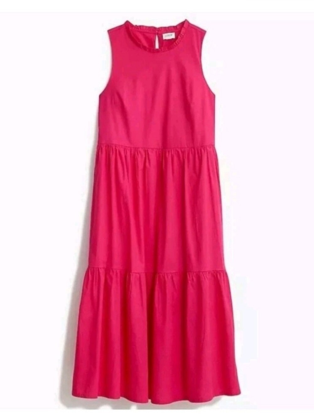 J. Crew Hot Pink Tiered Midi Dress Poplin Sleeveless Pockets 2 Preppy
